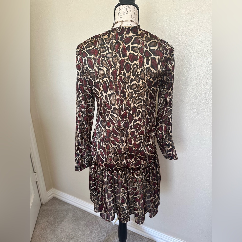 5/$$25 Zara Boho Animal Print Long Sleeve Satin Mini Dress, Drop Waist, Size XS - Picture 2 of 3